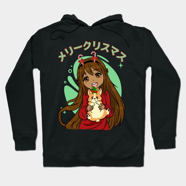 Kawaii Anime Black Girl And Corgi Christmas Hoodie by Sugoi Otaku Gifts